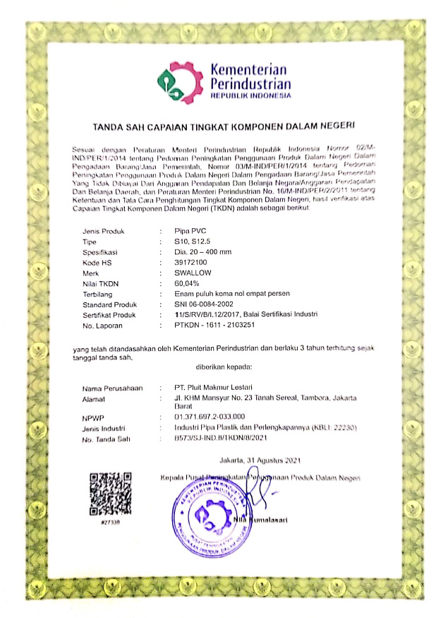 sertifikat TKDN pipa PVC Swallow